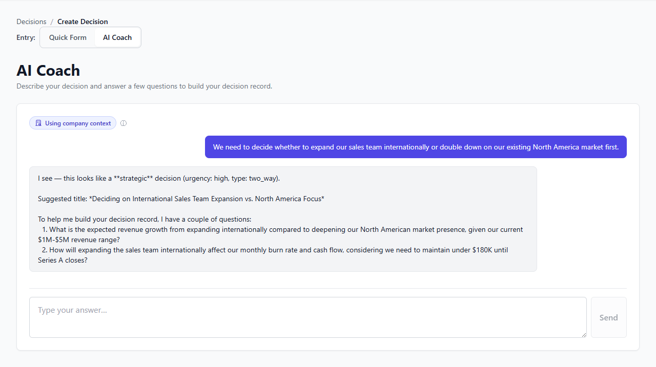 AI Decision Coach conversation interface
